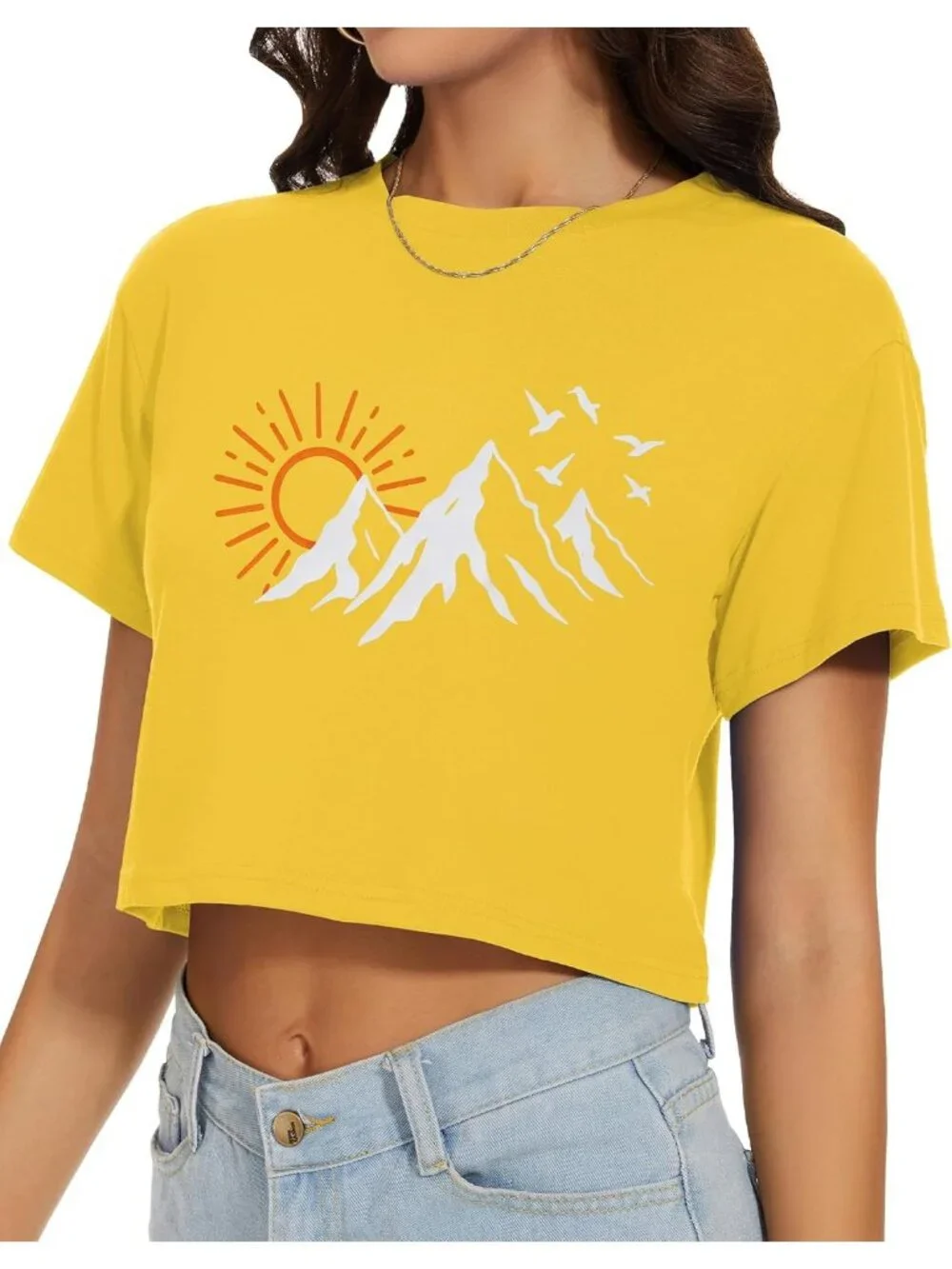 Women's Yellow Sun Mountains Short Sleeve Round Neck Loose Fit Summer Crop Tops - Picture 4 of 6